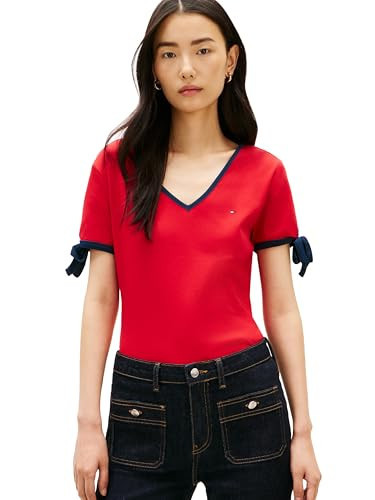 Tommy Hilfiger Women's Ribbed Regular V-Neck T-Shirt with Bow, Primary RED Large | Amazon (US)