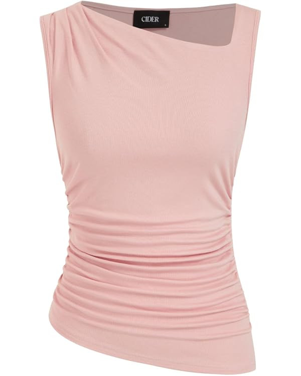 CIDER Women's Off The Shoulder Tank Tops Sleeveless Shirts Asymmetrical Neck Ruched Going Out Y2K... | Amazon (US)