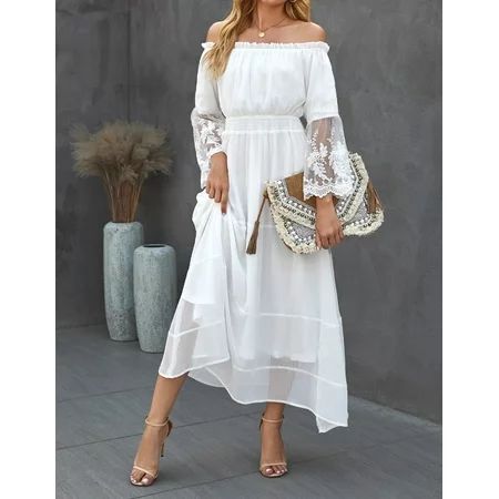 Women's White Off Shoulder Embroidered Flared Sleeve Lace Maxi Dress | Walmart (CA)