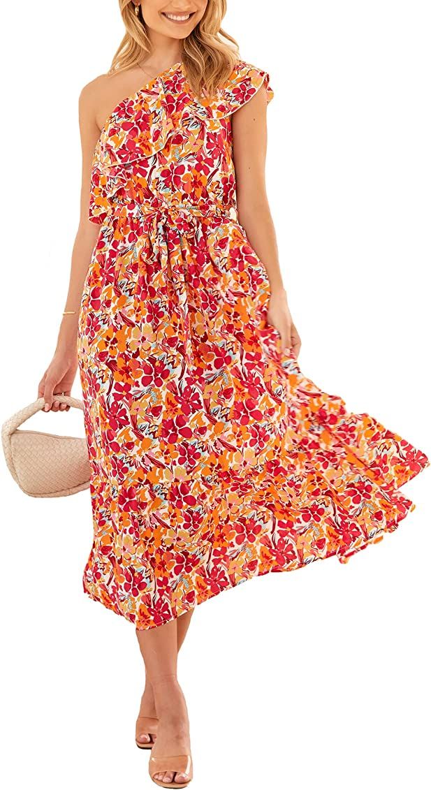 BTFBM Women's One Shoulder Maxi Dress Sleeveless Casual Summer Layered Ruffle Boho Floral Print Part | Amazon (US)