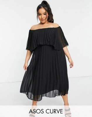 ASOS DESIGN Curve – Plissiertes, doppellagiges Midikleid ohne Träger in Schwarz | ASOS (Global)