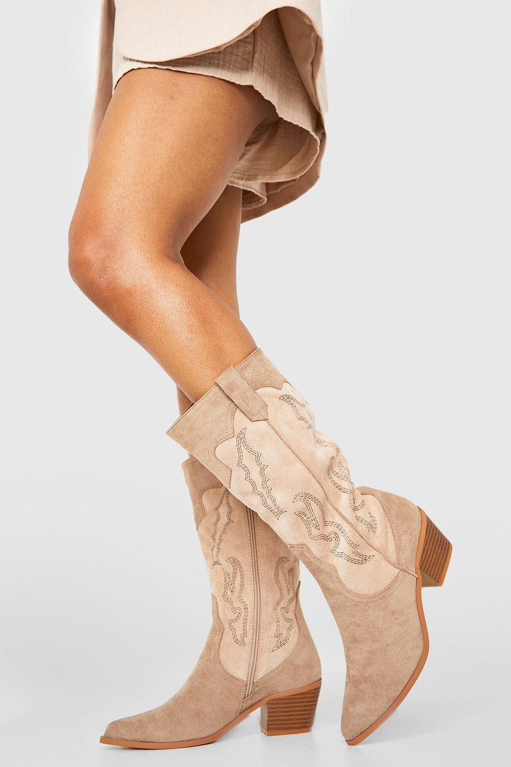 Womens Contrast Panel Detail Western Cowboy Boots - Beige - 6 | Boohoo.com (US & CA)
