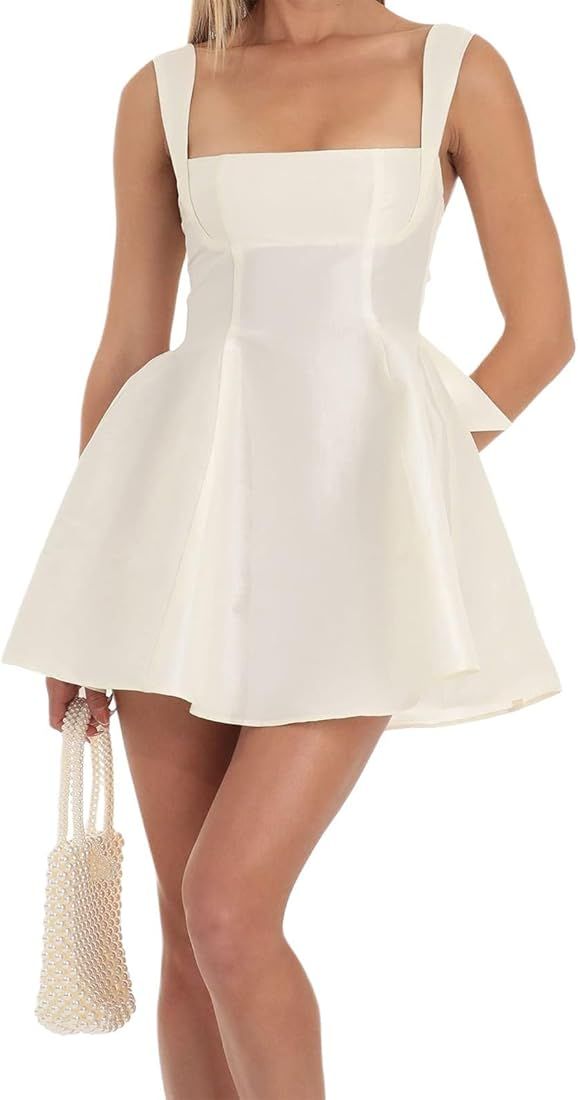 Women's Backless Pleated Flare Mini Dress Sleeveless Spaghetti Strap Square Neck A-line Dress Tie... | Amazon (US)
