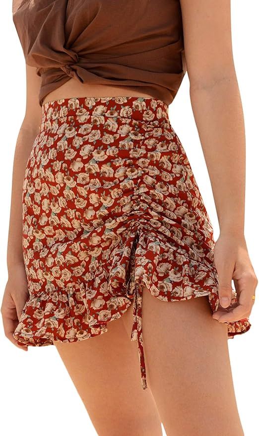 MakeMeChic Women's Ditsy Floral Drawstring Front Zipper Ruffle Hem Mini Skirt | Amazon (US)
