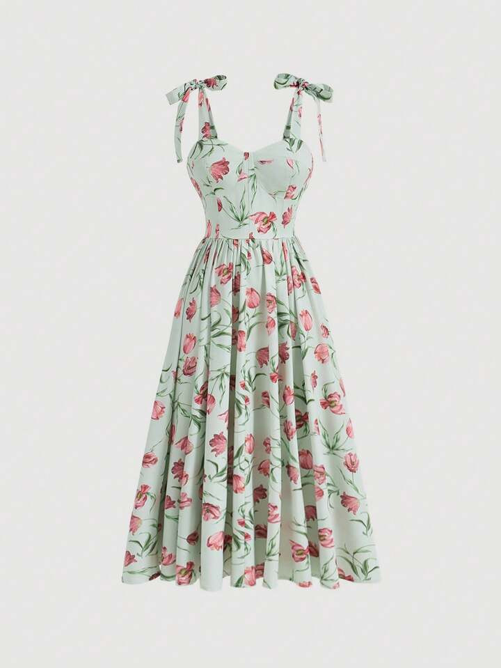 SHEIN MOD Women's Floral Printed Empire Waist Spaghetti Strap Dress | SHEIN