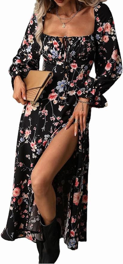 BLENCOT Women's Floral Print Puff Long Sleeve Maxi Dress Sexy Square Neck Tie Front Ruffle Hem Sp... | Amazon (US)
