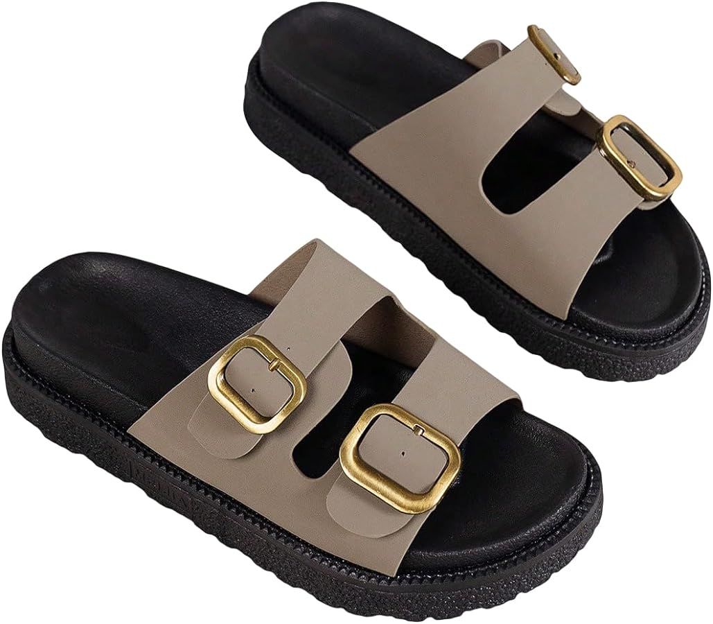 OYOANGLE Women's Adjustable Double Buckle Open Toe Footbed Sandals Comfortable Outdoor Platform S... | Amazon (US)