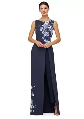 Kay Unger Women's Floral Printed Long Gown, Blue, 14 | Belk