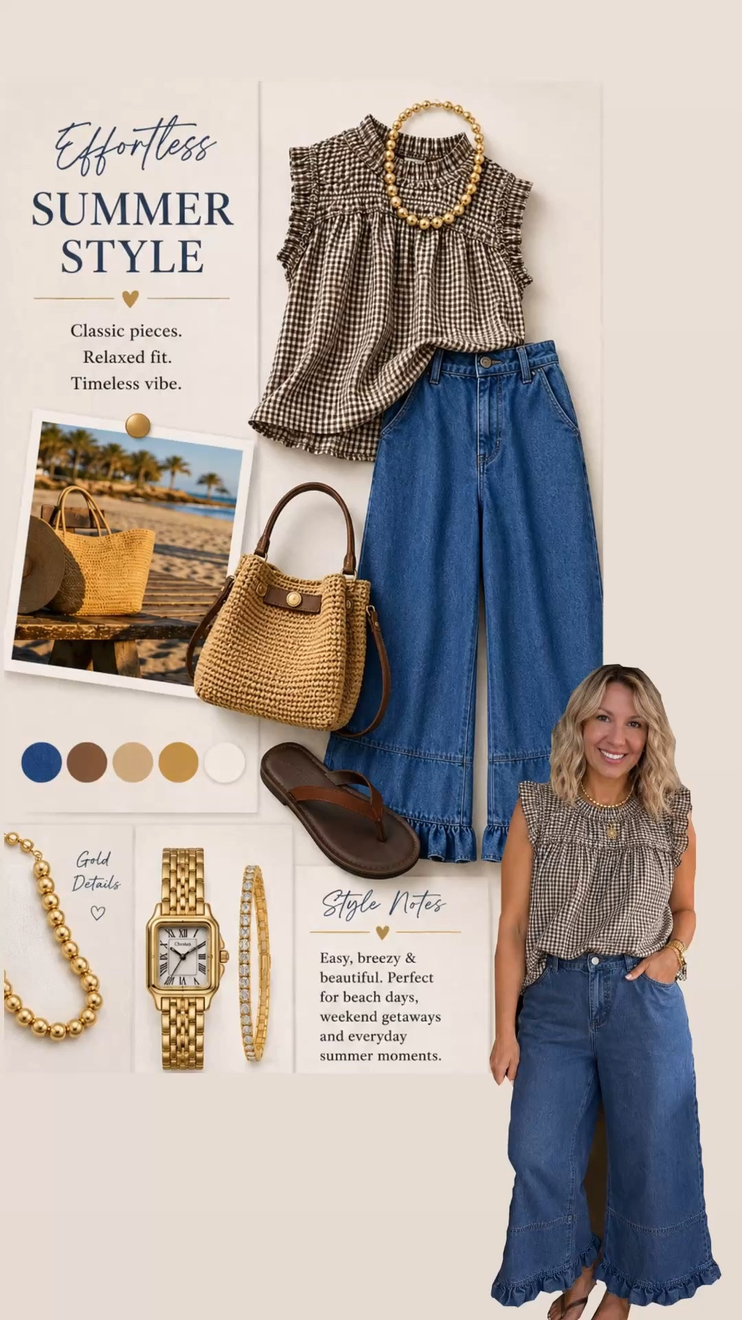This outfit checks all the boxes for summer style—easy to wear, flattering, and timeless. I love how the gingham top pairs with these wide-leg denim pants for a look that’s relaxed but still put together. Add a woven bag, simple sandals, and gold accessories, and you’re ready for anything from errands to lunch with friends.
-
summer outfit ideas, midsize fashion, fashion over 50, women over 50 style, casual summer outfits, wide leg jeans outfit, ruffle hem jeans, gingham blouse outfit, Target fashion finds, midsize summer style, effortless summer outfits, comfortable fashion for women, classic summer style, affordable outfit ideas, woven straw bag outfit, everyday chic outfits, mature fashion influencer, over 50 fashion blogger, denim outfit inspiration, timeless wardrobe staples.