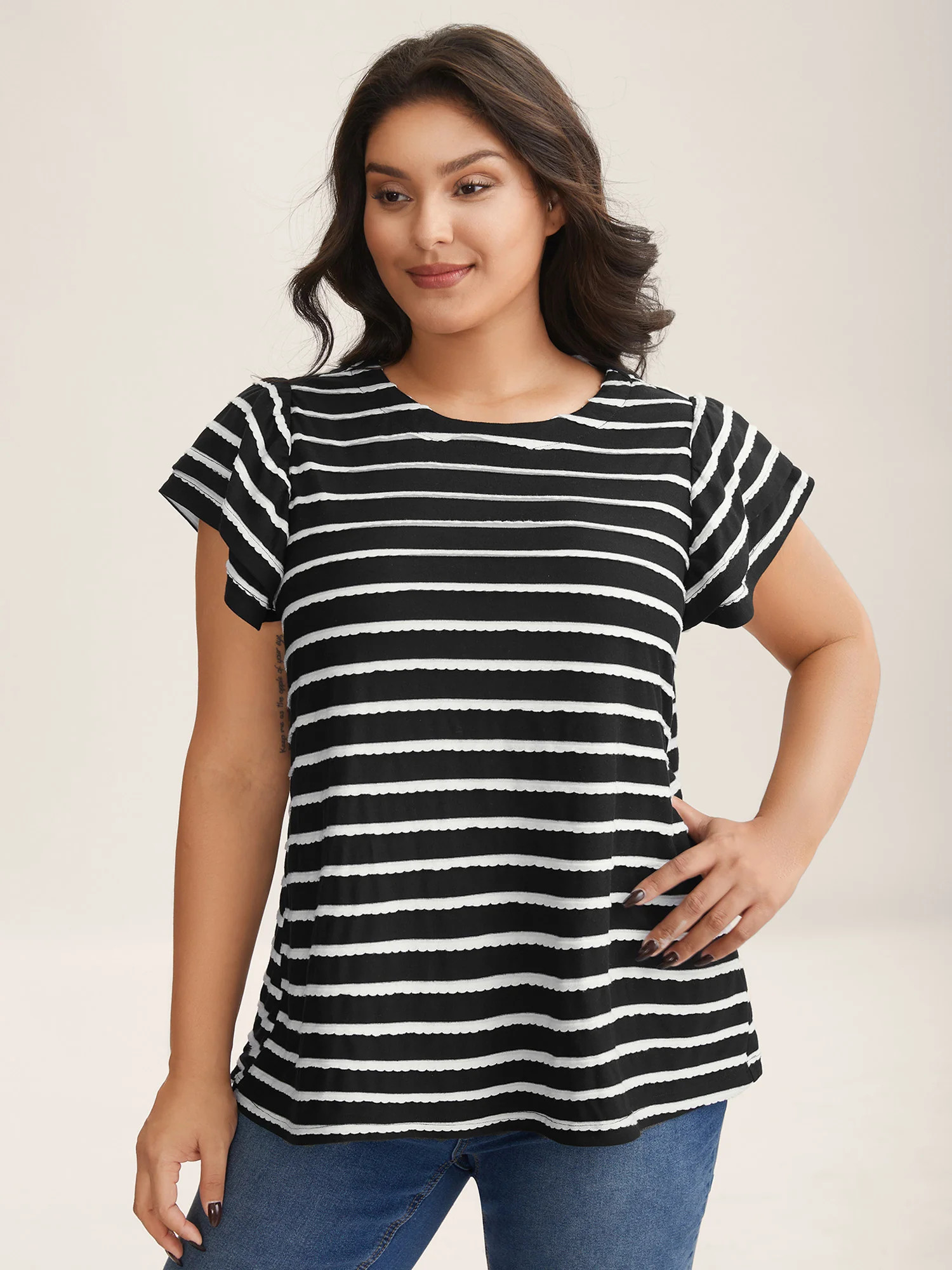 Stripe Textured Lotus Leaf Sleeve T-Shirt | Bloomchic