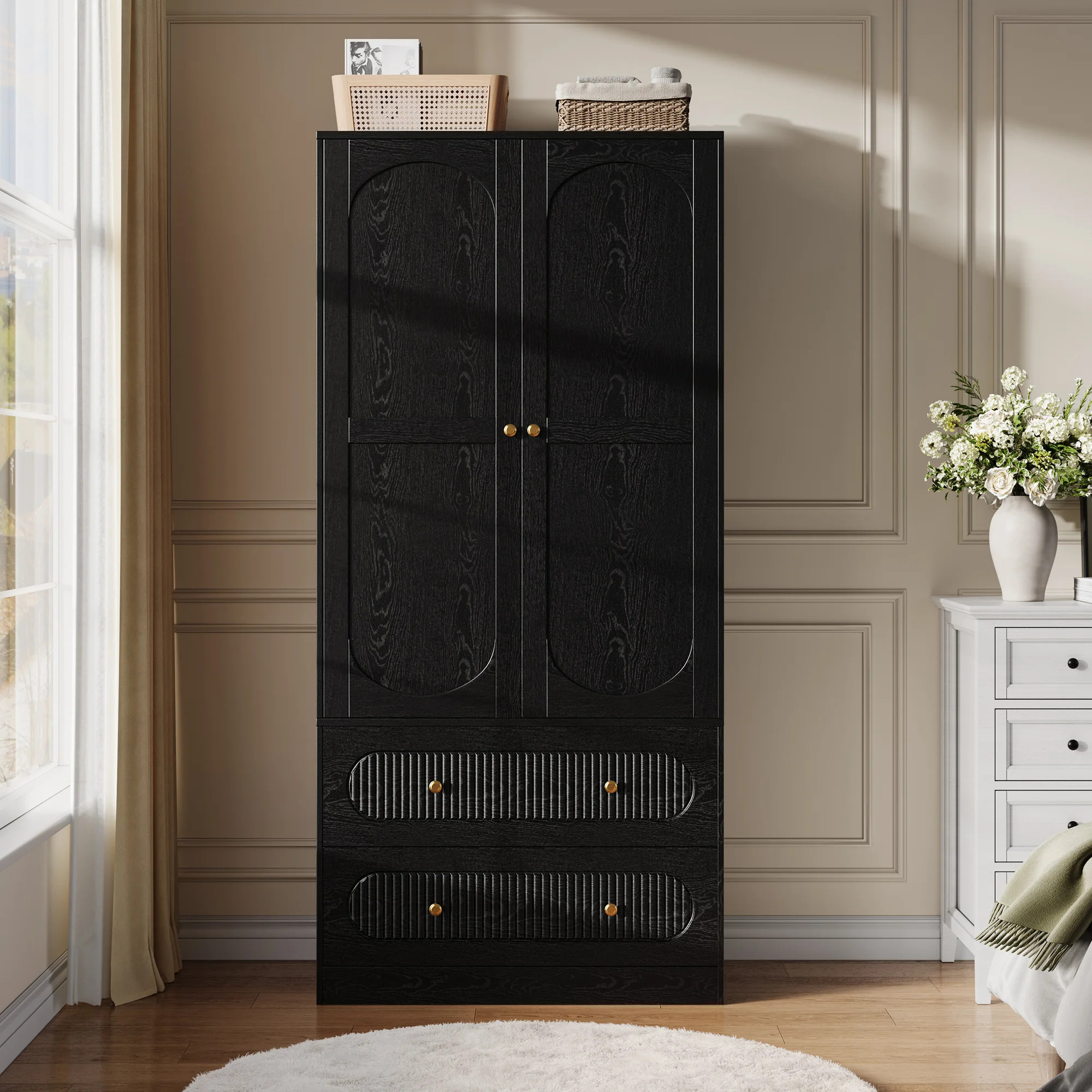 68.8" H Armoire Wardrobe With 2 Doors and 2 Fluted Drawers,Black | Wayfair North America