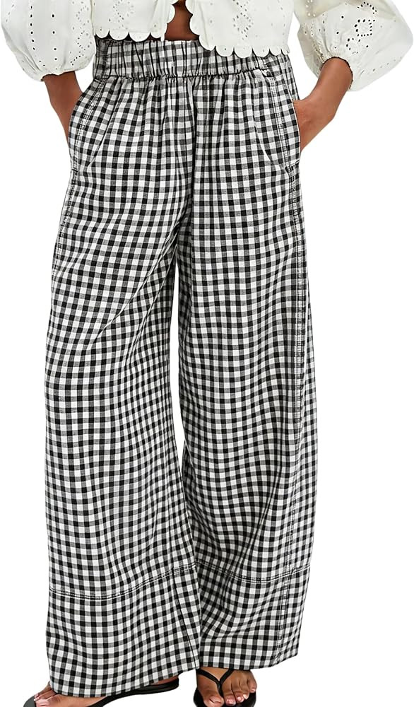 Athlisan Womens Summer Gingham Plaid Palazzo Pants Casual Wide Leg Lounge Trousers Beach Vacation... | Amazon (US)