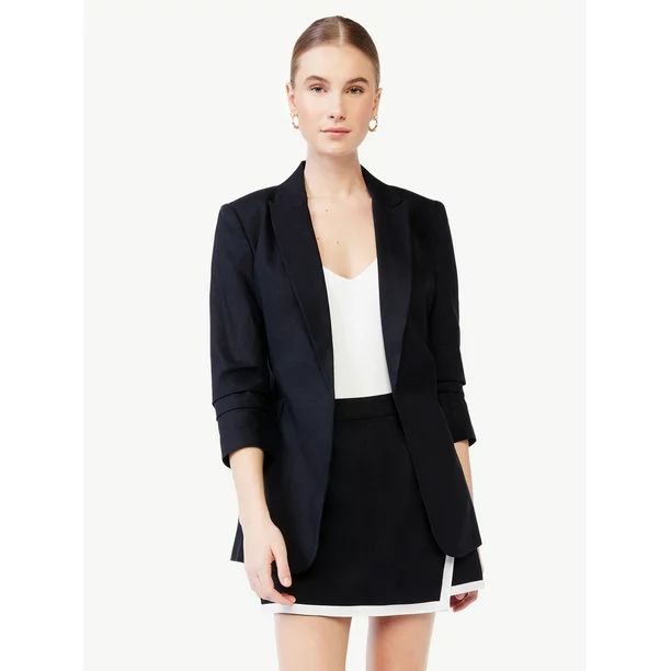Scoop Women's Linen-Blend Open Front Blazer with Tie Back and 3/4 Scrunch Sleeves | Walmart (US)