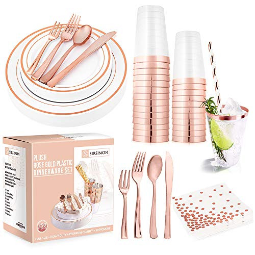 SIRSIMON 250 Piece Disposable Rose Gold Plastic Dinnerware Set - 50 Rose Gold Plastic Plates - 25 Ro | Amazon (US)