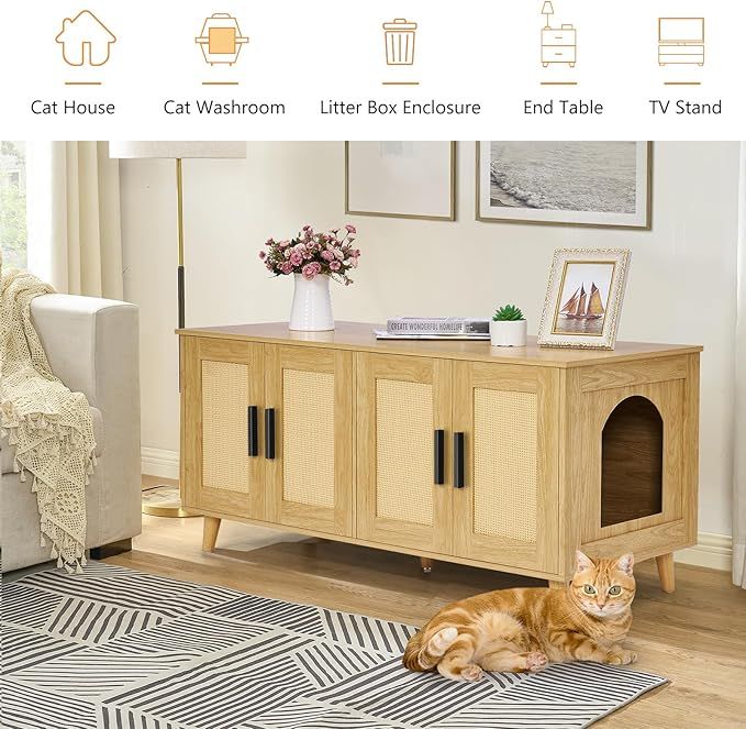 Homhedy Boho Cat Litter Box Enclosure for 2 Cats,Litter Box Furniture Hidden with Double Rattan D... | Amazon (US)