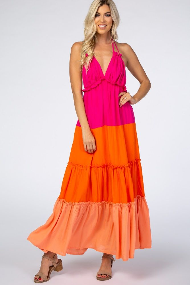 Coral Color Block Halter Maxi Dress | PinkBlush Maternity