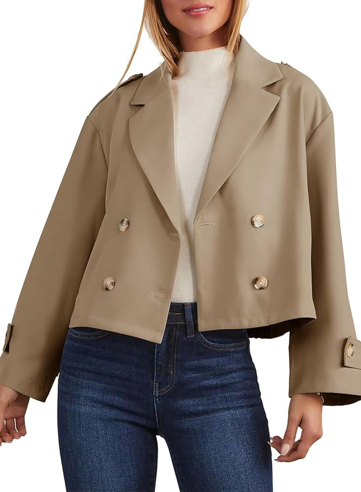 Dokotoo Womens Cropped Trench Jacket Double Breasted Long Sleeve Notched Lapel Classic Outerwear ... | Amazon (US)
