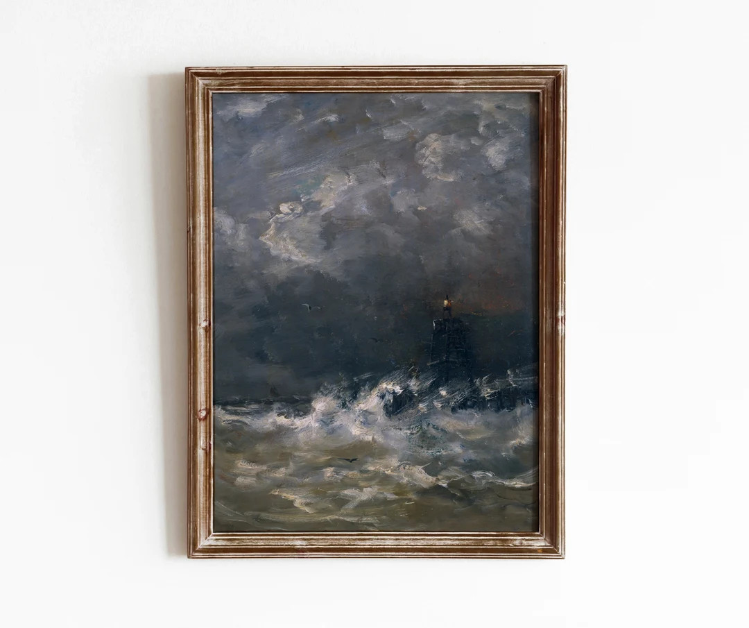 Stormy Lighthouse Vintage Sea at Night Painting Moody Dark Ocean Waves DIGITAL DOWNLOAD 109 - Ets... | Etsy (US)