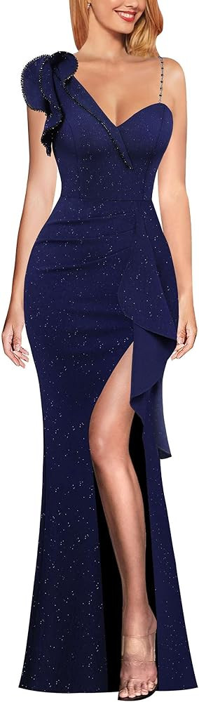 VFSHOW Womens Formal Prom Elegant Ruffle One Shoulder Beaded Strap Ruched Slit Maxi Dress Wedding... | Amazon (US)