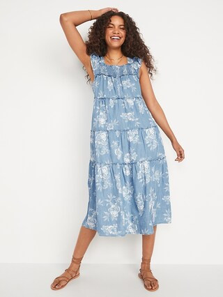 Flutter-Sleeve Floral Tiered Smocked Midi Swing Dress for Women | Old Navy (US)