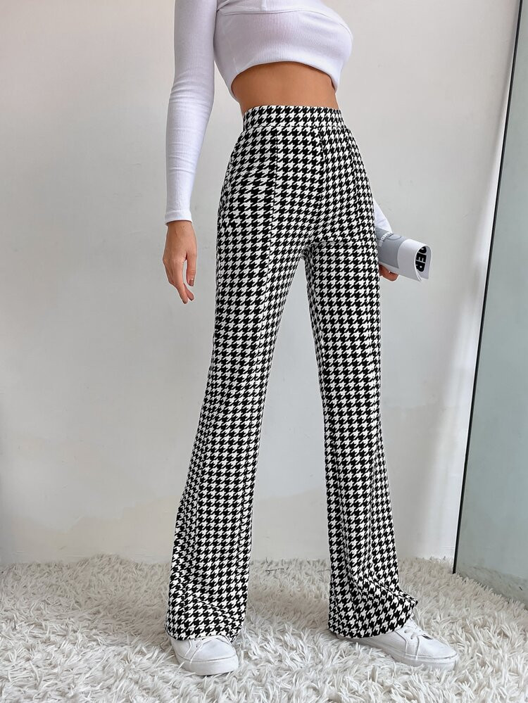 High Waist Houndstooth Flare Leg Pants | SHEIN