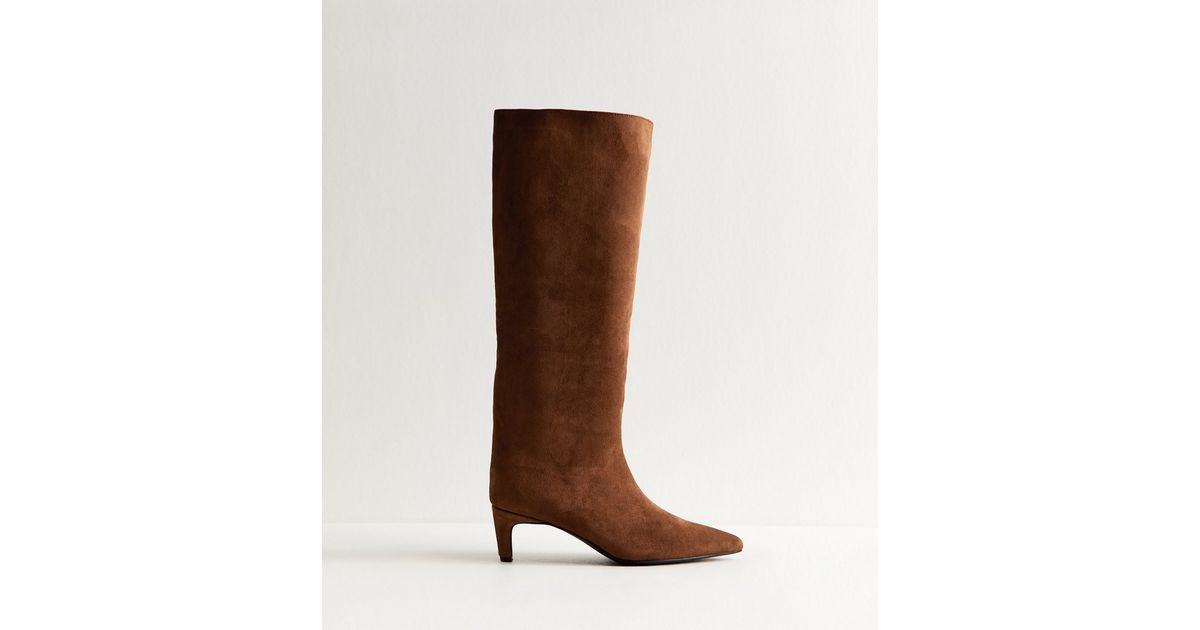 Rust Faux Suede Low Stiletto Heel Knee High Boots | New Look | New Look (UK)