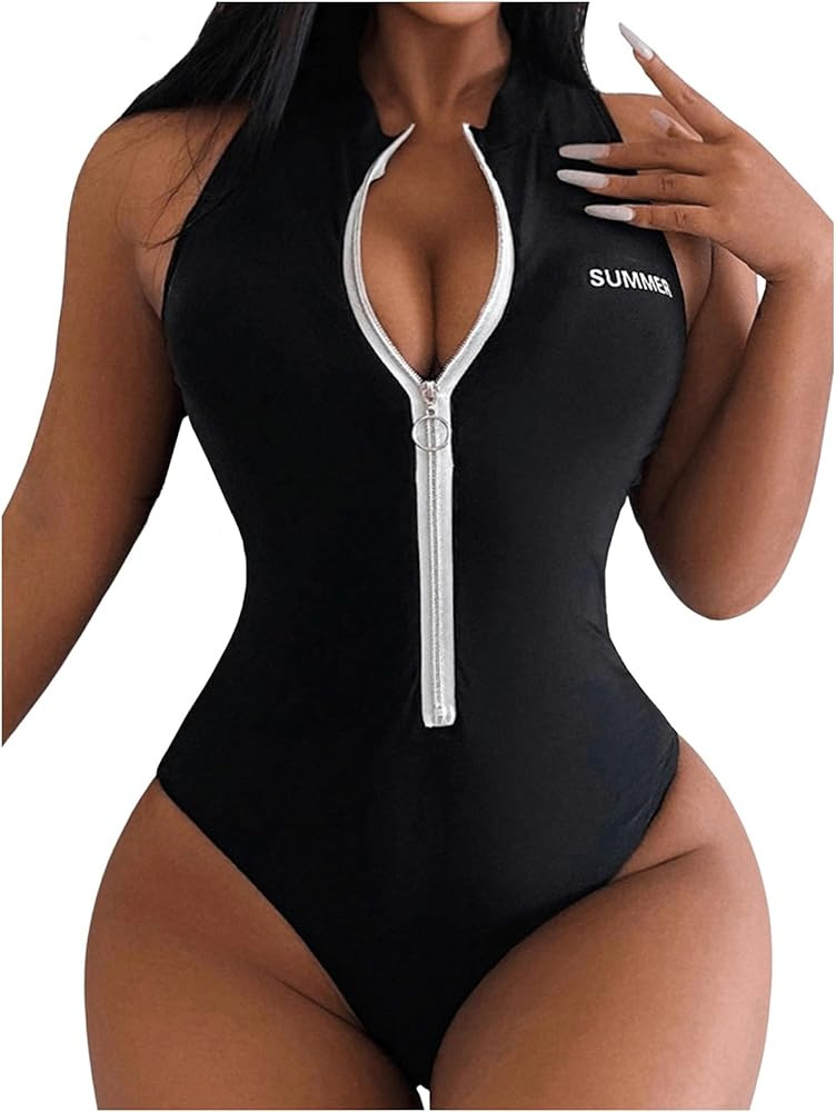 OYOANGLE Women's Zip Up Racer Back One Piece Swimsuit Crew Neck Sleeveless Monokini Swimwear | Amazon (US)