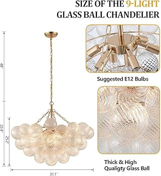 MEIXISUE Modern Glass Chandelier,9 Light Nordic Bubble Ball Swirled Glass Globe Gold Large Pendan... | Amazon (US)