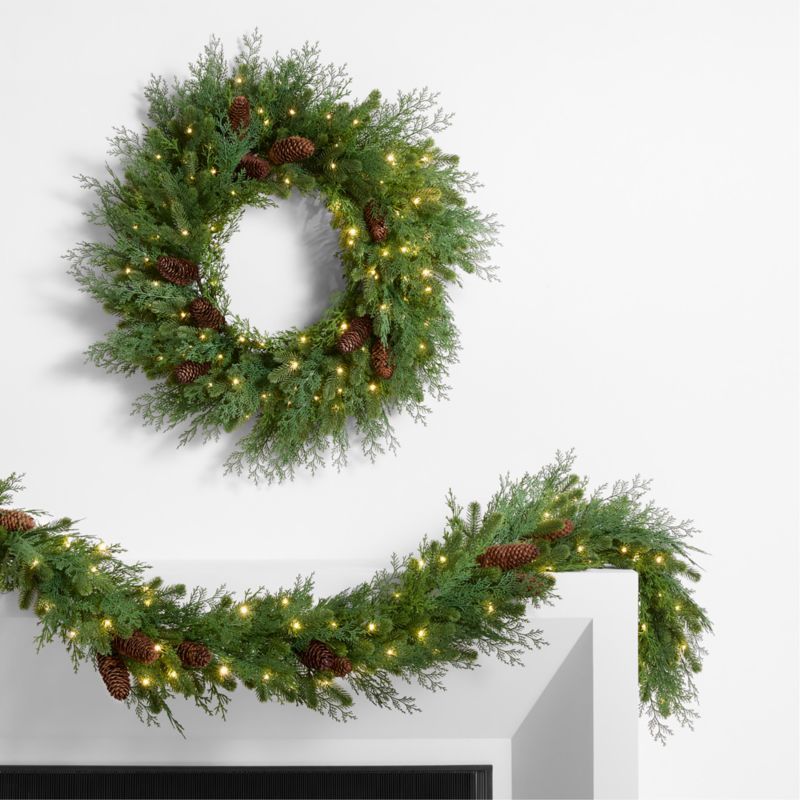 Pre-Lit Pine & Cedar Holiday Wreath & Garland Set | Crate & Barrel | Crate & Barrel