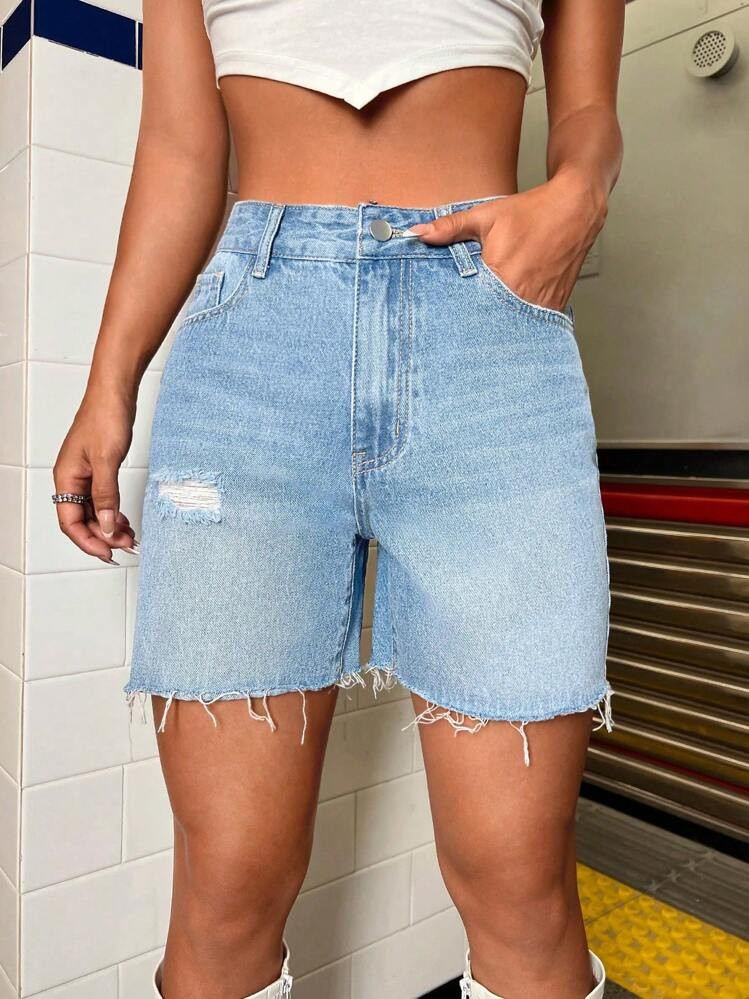 SHEIN ICON Ripped Raw Hem Denim Shorts, Mom Shorts | SHEIN