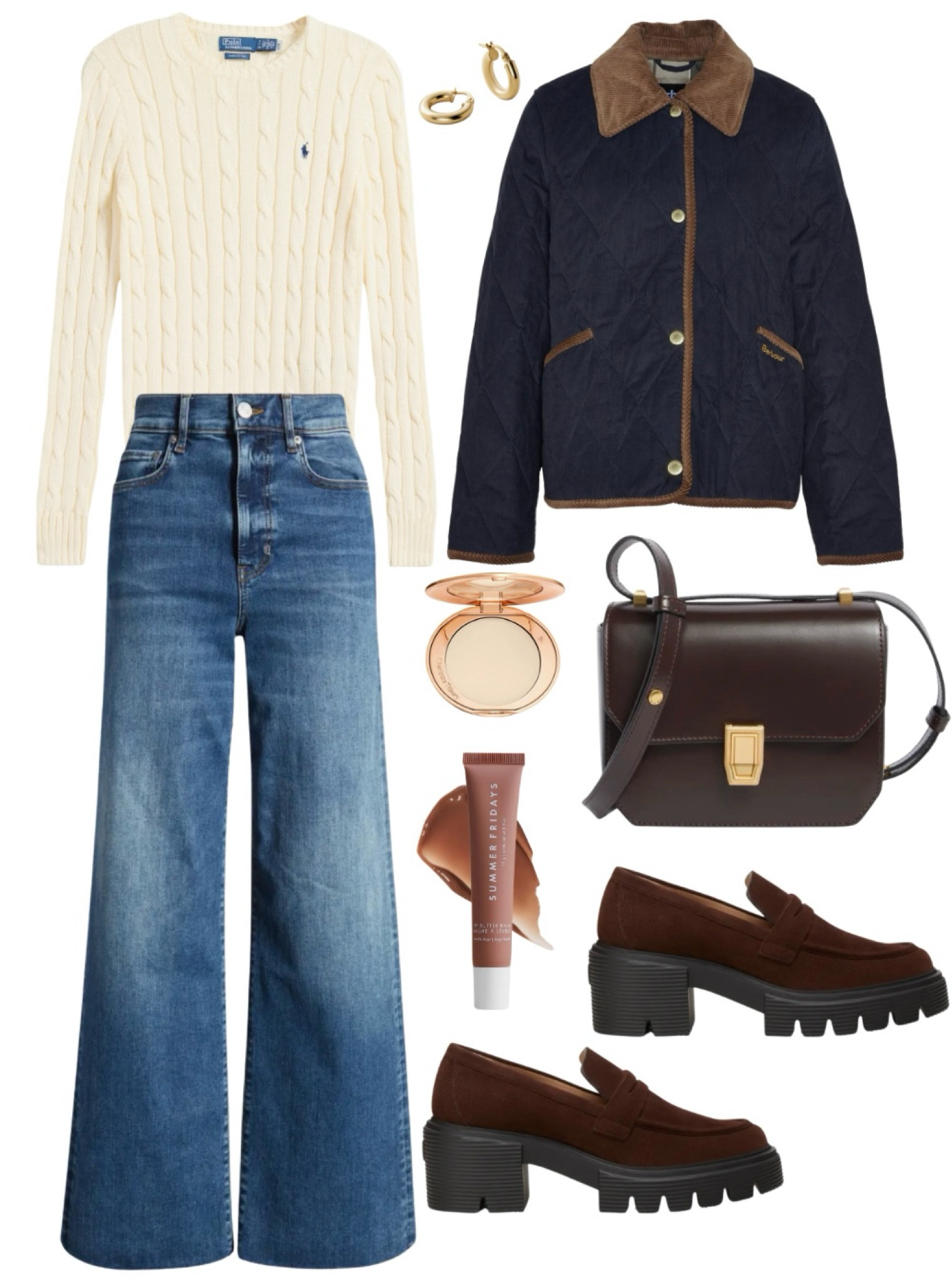 Polo sweater
Sweater
Jeans
Wide leg jeans 
Chunky loafers
Bag 

#LTKStyleTip #LTKItBag #LTKShoeCrush