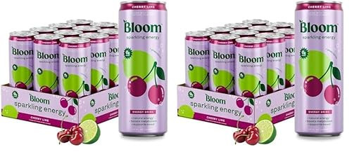 Bloom Nutrition Sparkling Energy Drink for Focus, Natural Caffeine, Zero Sugar, 180mg Caffeine, Antioxidant-Rich with Green Coffee Bean, Green Tea Extract, & Prebiotics, Cherry Lime 12oz 24 Pack | Amazon (US)