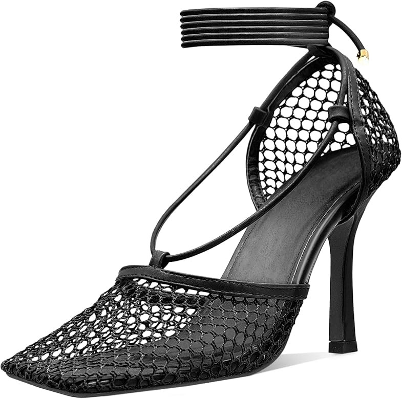 MUCCCUTE Square Toe Mesh Stiletto Heels for Women, Sexy Wrap Around Lace Up High-Heel Sandals Gre... | Amazon (US)