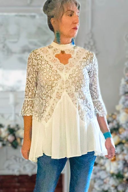 This lace keyhole tunic isn’t the type of thing I would normally look at, but I kept coming back to it in the shop; it drew me in. I guess that must mean I should listen to that little sartorial voice in my head more often! And I’m glad I did! Guess it’s true what they say about trying new things. This too is thrifted, but I managed to find it online in several colors and sizes if you’re into it.

#LTKSeasonal #LTKmidsize #LTKstyletip