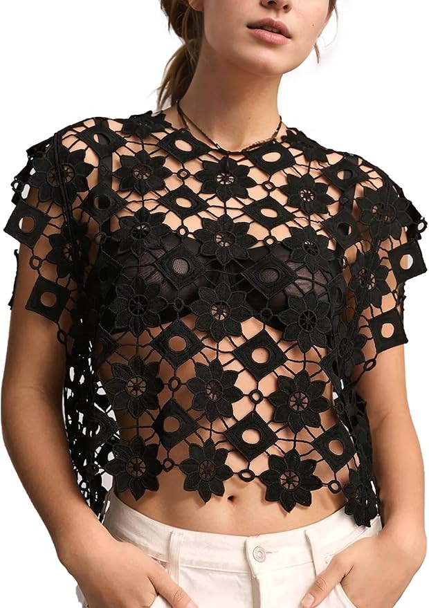 Flygo Womens Hollow Out Floral Lace Vest Cropped Embroideried Summer Crochet Coverup 2025 Trendy ... | Amazon (US)