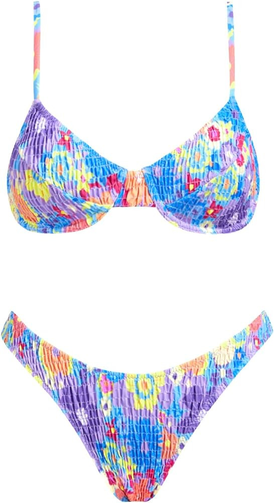 VOLAFA Women's Triangle Bikini Set Textured Frilled Smocked Ruched Push Up Swimsuit Two Piece Bat... | Amazon (US)