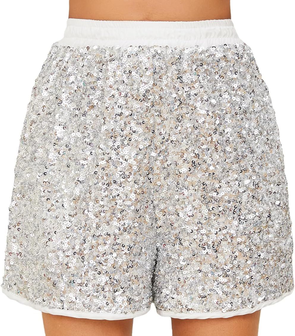 Women's High Waist Sequins Shorts Loose A Line Sparkly Shorts Night-Out Party | Amazon (US)