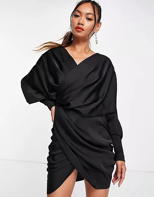 ASOS DESIGN drape detail wrap dress with batwing sleeve in black | ASOS (Global)