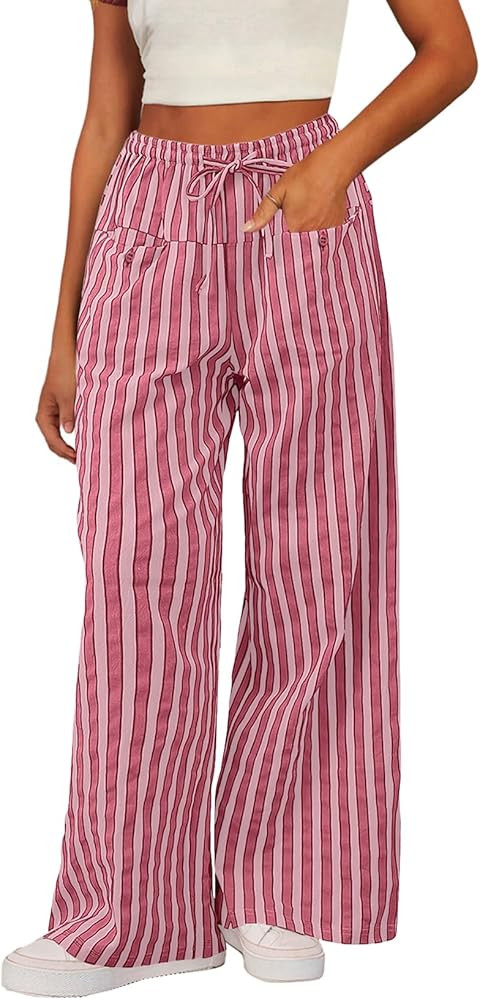 Acelitt Women Casual Drawstring Elastic Waist Loose Wide Leg Striped Pants with Pockets, S-XXL | Amazon (US)