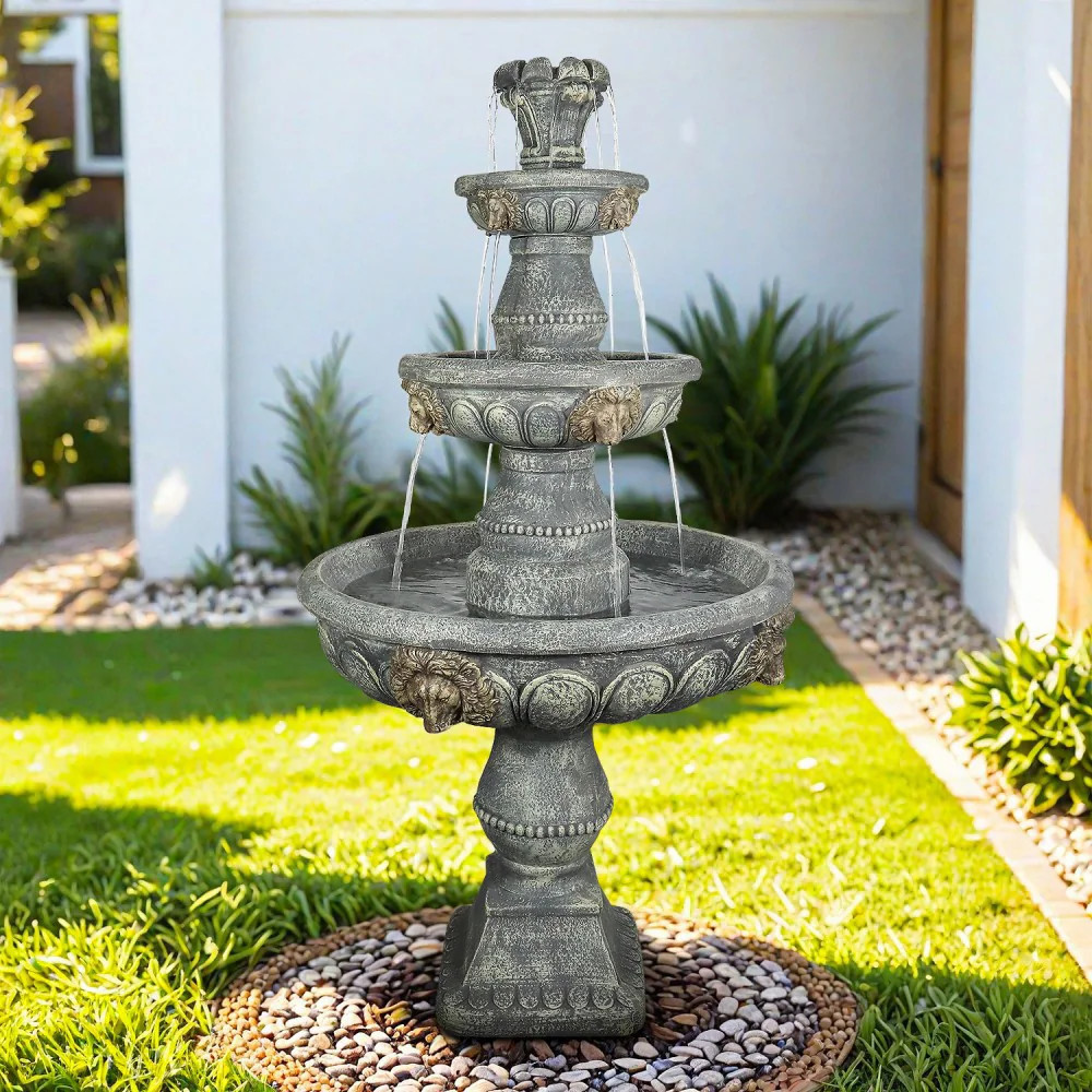 SunJet Lion Head 59.5 Inch 3 Tier Outdoor Water Fountain with Electric Submersible Pump for Patio Yard or Deck one_size | NLS-SJ50102-DXC | Lowe's