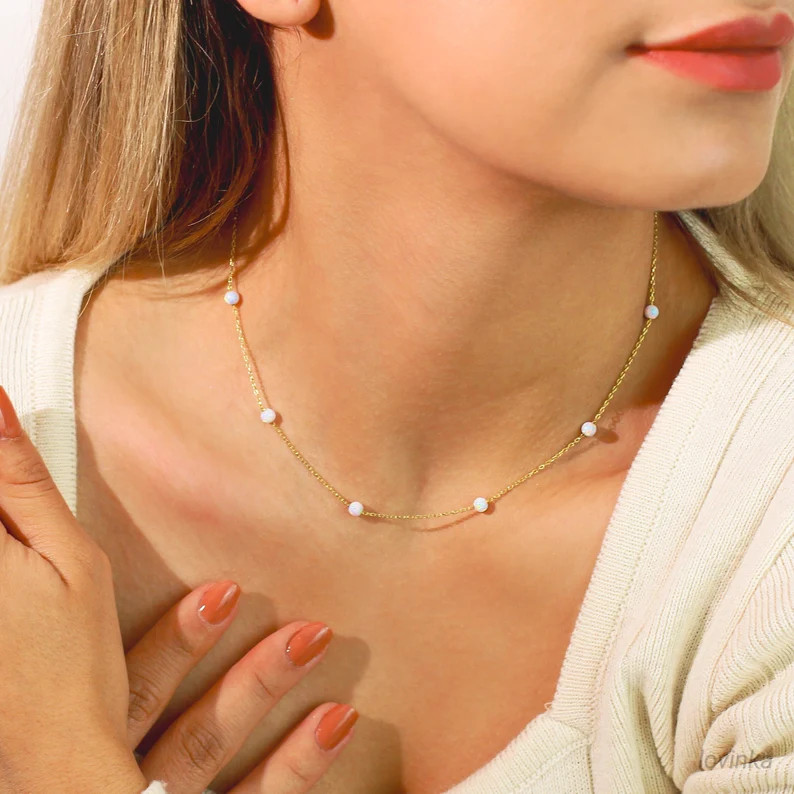 14K Solid Gold Opal Necklace,Dainty White Opal Necklace,Opal Jewelry,Gift for Her, Minimalist Opa... | Etsy (US)