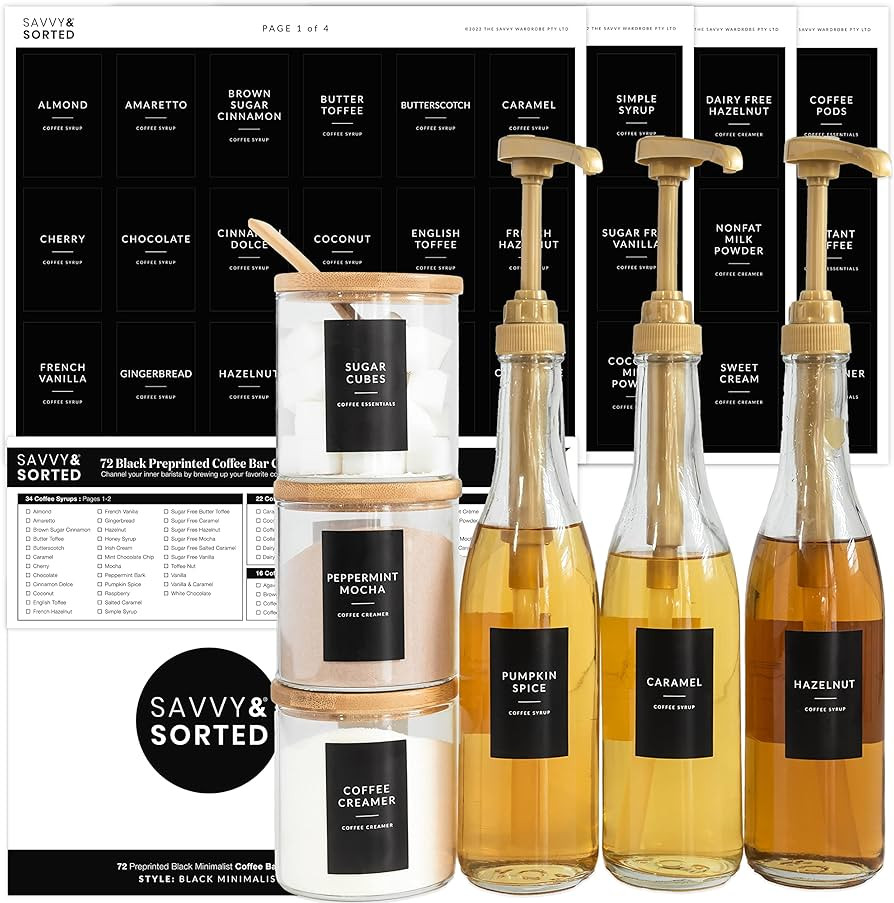Black Coffee Labels for Coffee Bar - 72 Coffee Syrup Labels for Coffee Station Organizer - Labels... | Amazon (US)