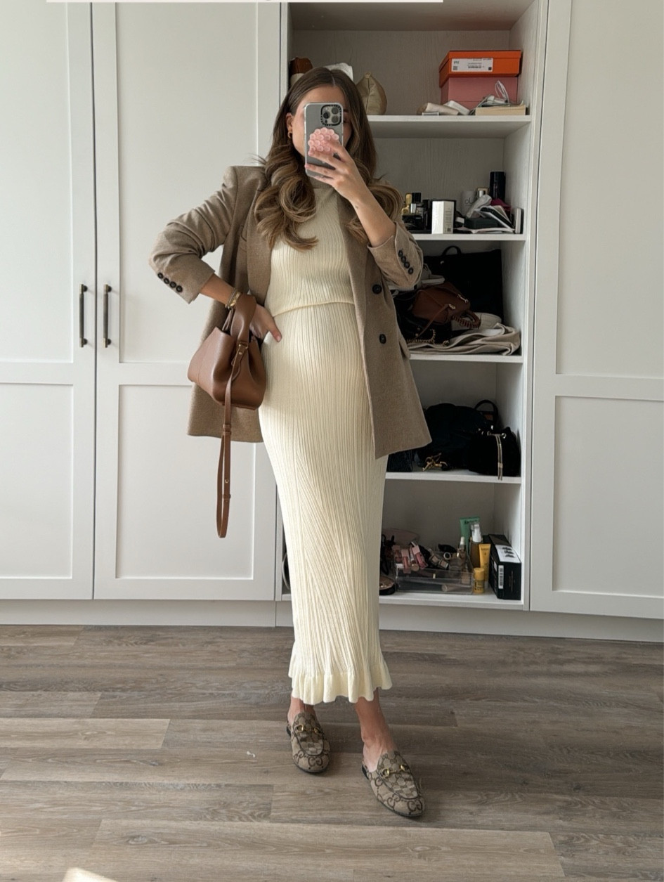 Blazer, Taupe Balzer, Cream Dress, Maxi Dress, Knit Dress, Tote Bag, Summer Bag, Summer Outfit, Everyday Clothes, Gucci Slippers  

#LTKuk #LTKeurope #LTKstyletip