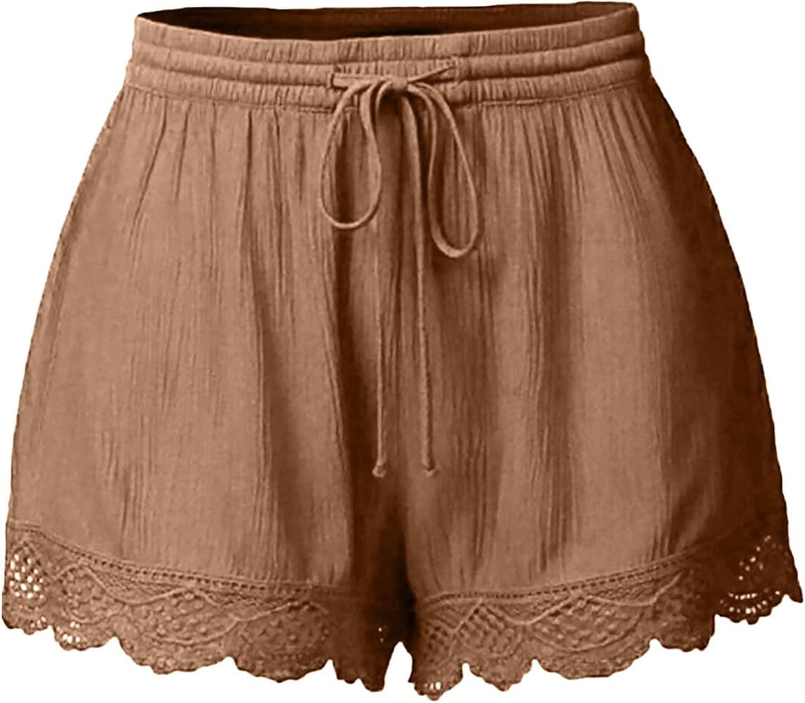 Shorts for Women Solid Color Lace Shorts Summer Cotton&Linen Casual Shorts Loose Cozy Lace-Up Yog... | Amazon (US)