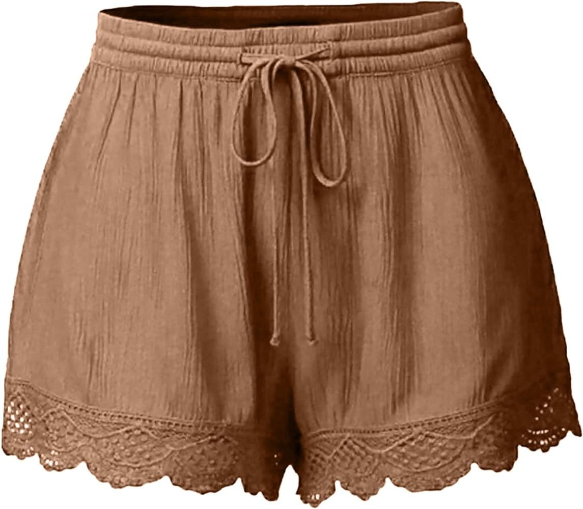 Shorts for Women Solid Color Lace Shorts Summer Cotton&Linen Casual Shorts Loose Cozy Lace-Up Yog... | Amazon (US)