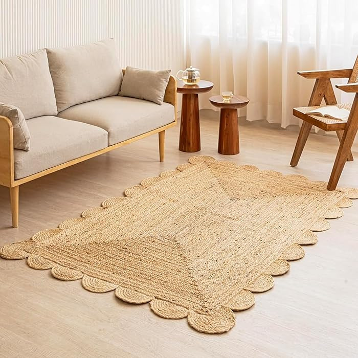 HOMEMONDE Natural Jute Rug 4x6 ft Scalloped Braided Hand Woven Bohemian Indoor Farmhouse Area Rug... | Amazon (US)