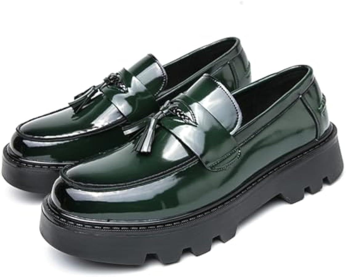 Men's Black Soft Patent Leather Platform Chunky Heel Loafers Fashion Tassel Business Casual Forma... | Amazon (US)