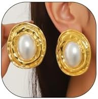 Vintage Pearl Earrings for Women Chunky Gold Geometric Oval Pearl Stud Earrings Exaggerated Textu... | Amazon (US)
