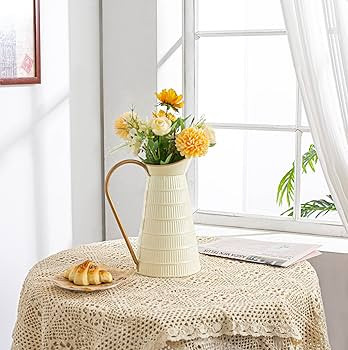Elegant Cream/White Metal Pitcher Vase, Farmhouse Galvanized Flower Vase, Rustic Decorative Milk ... | Amazon (US)