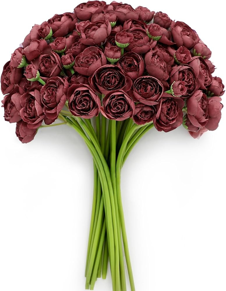 Alecono Ranunculus Artificial Flowers 𝟭𝟴 𝙋𝙘𝙨, Burgundy Faux Ranunculus Flowers for... | Amazon (US)